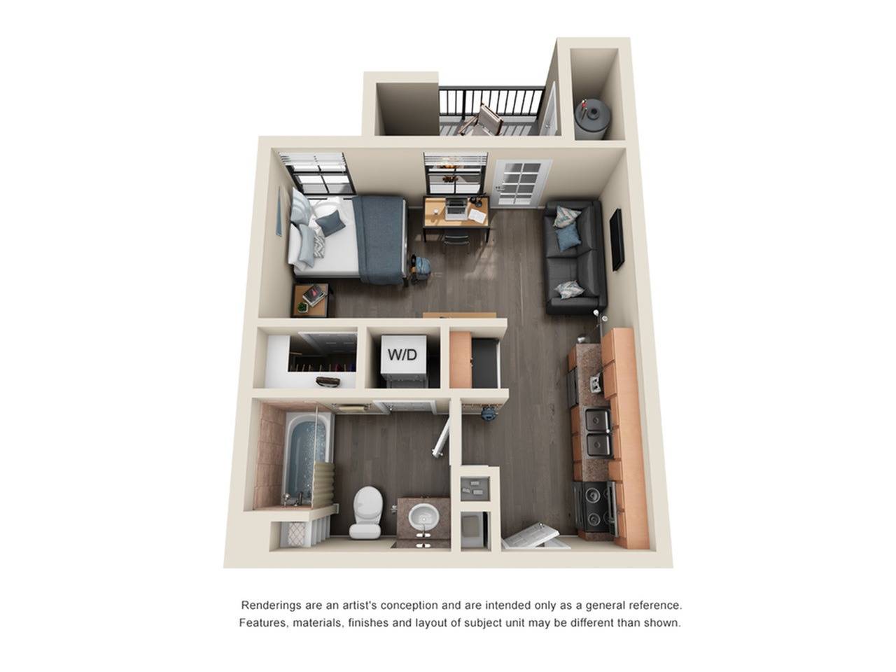 A 3D image of the Studio – Premium floorplan, a 398 squarefoot, 0 bed / 1 bath unit