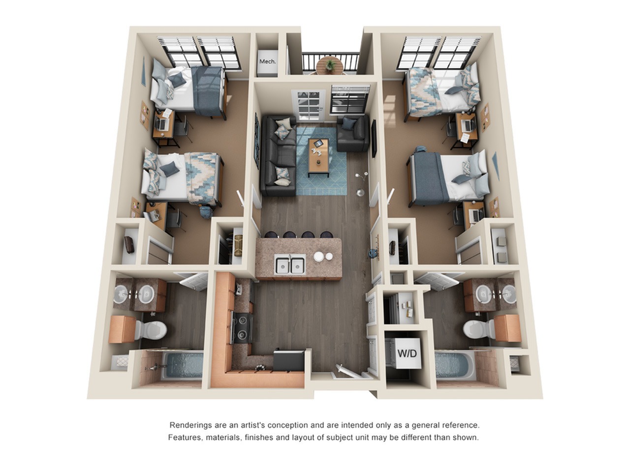 A 3D image of the 2BR/2BA – Premium floorplan, a 1004 squarefoot, 2 bed / 2 bath unit