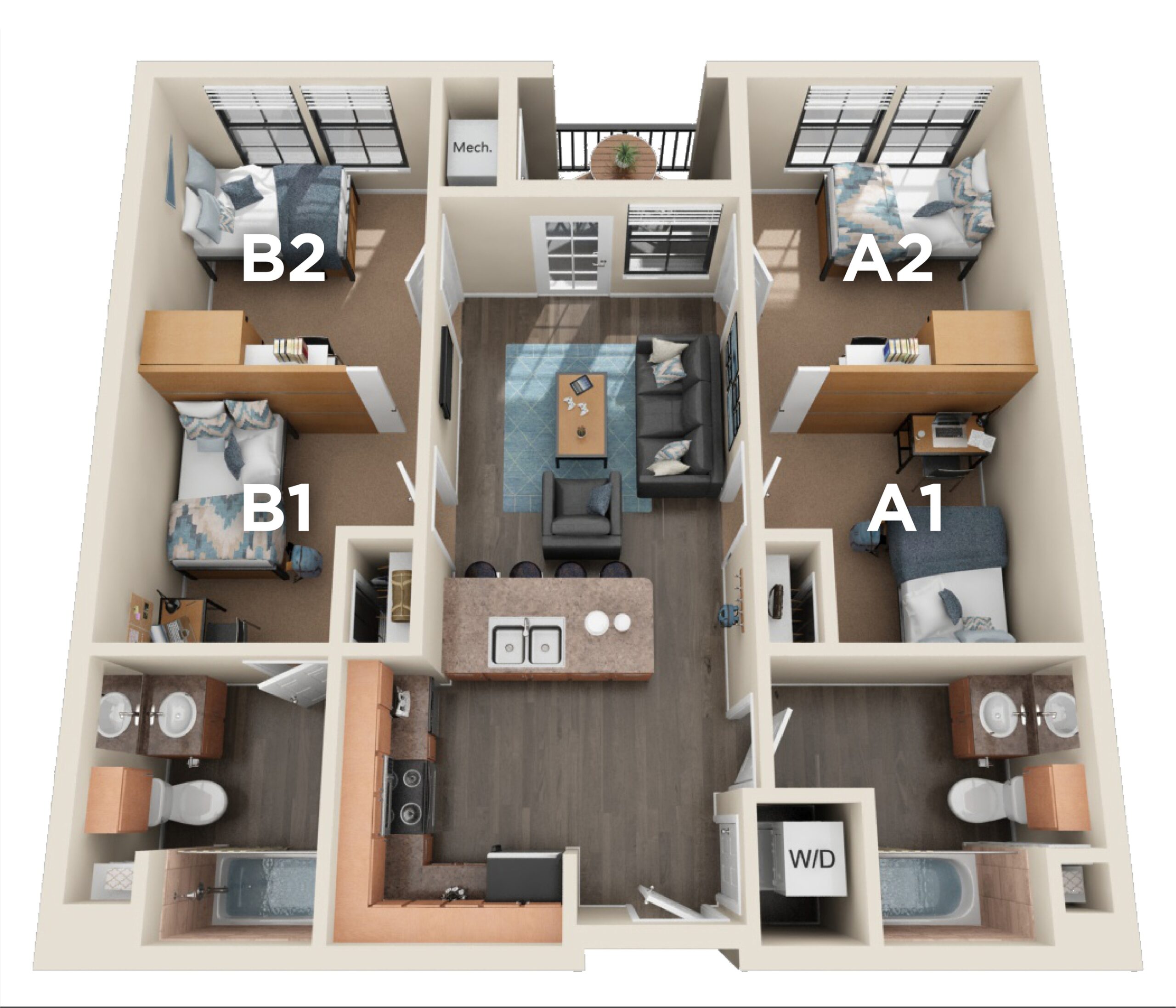 A 3D image of the 2BR/2BA – Semi Private – Premium floorplan, a 1004 squarefoot, 2 bed / 2 bath unit