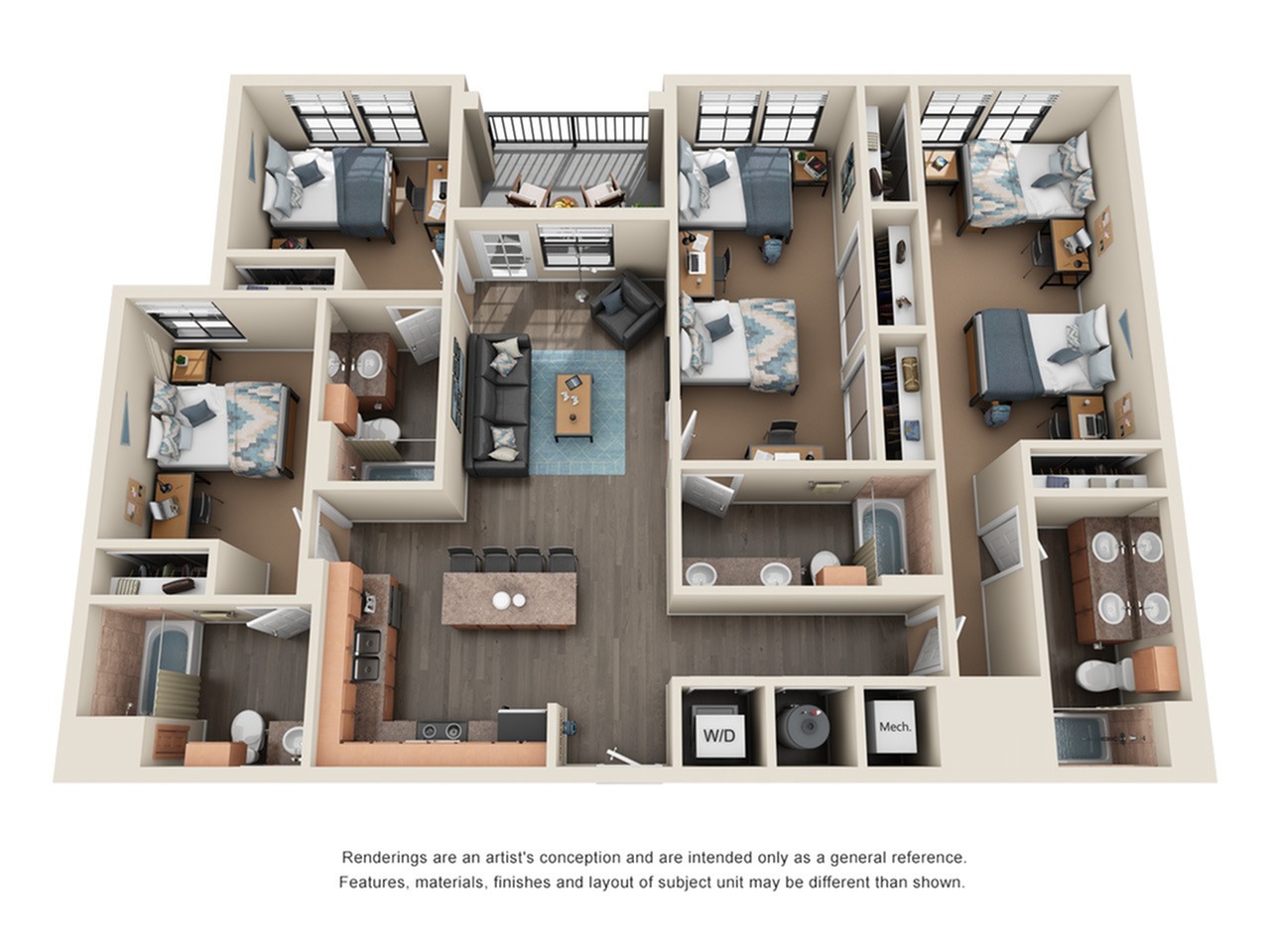 A 3D image of the 4BR/4BA – Premium floorplan, a 1467 squarefoot, 4 bed / 4 bath unit