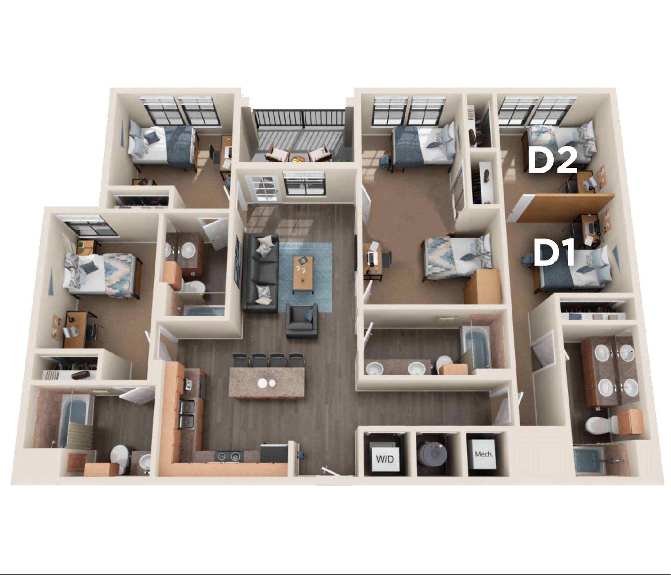 A 3D image of the 4BR/4BA – Semi Private – Premium (D) floorplan, a 1467 squarefoot, 4 bed / 4 bath unit