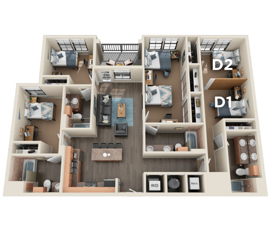 A 3D image of the 4BR/4BA – Semi Private – Elite (D) floorplan, a 1467 squarefoot, 4 bed / 4 bath unit